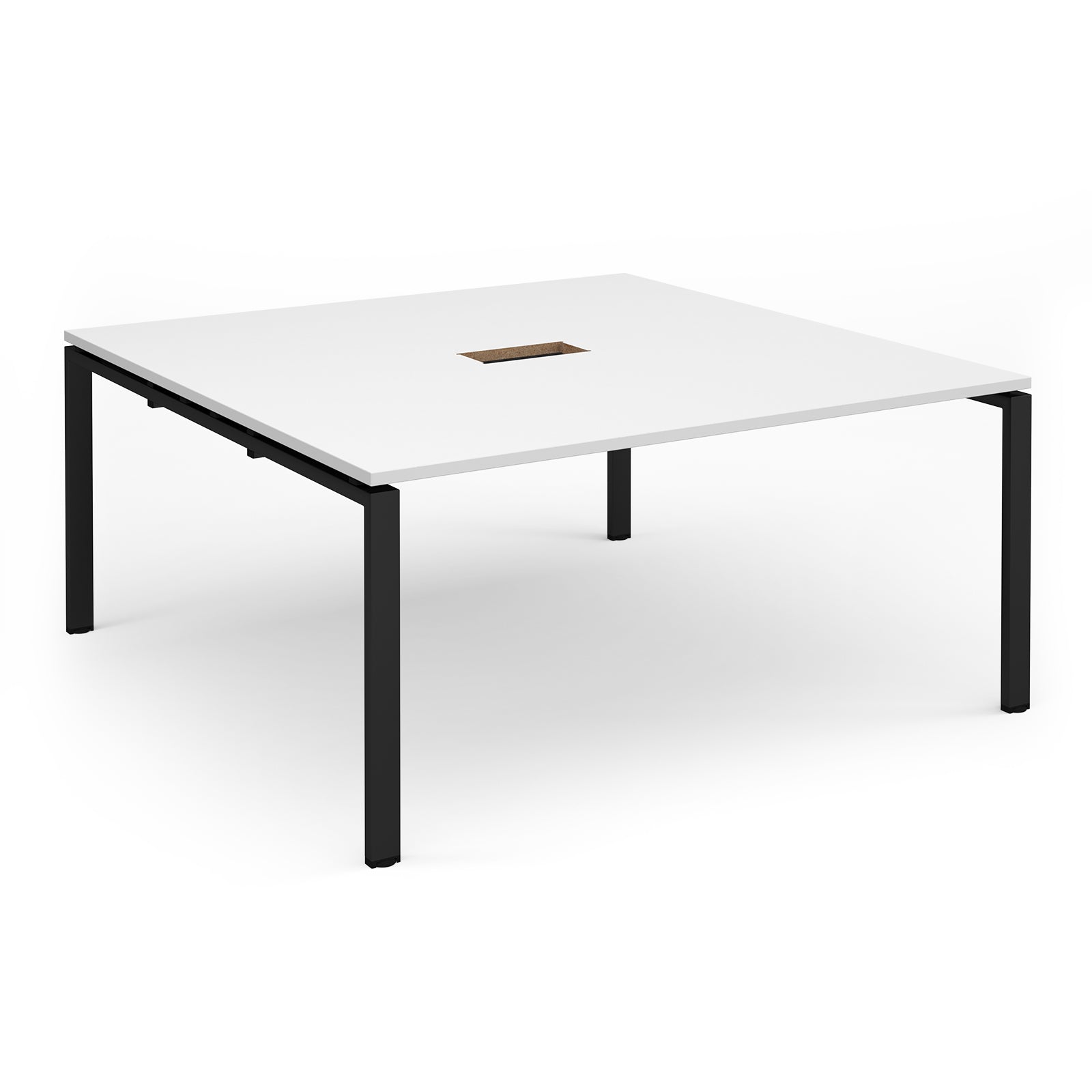 Square table with white top with central cut-out and black metal frame on a white background