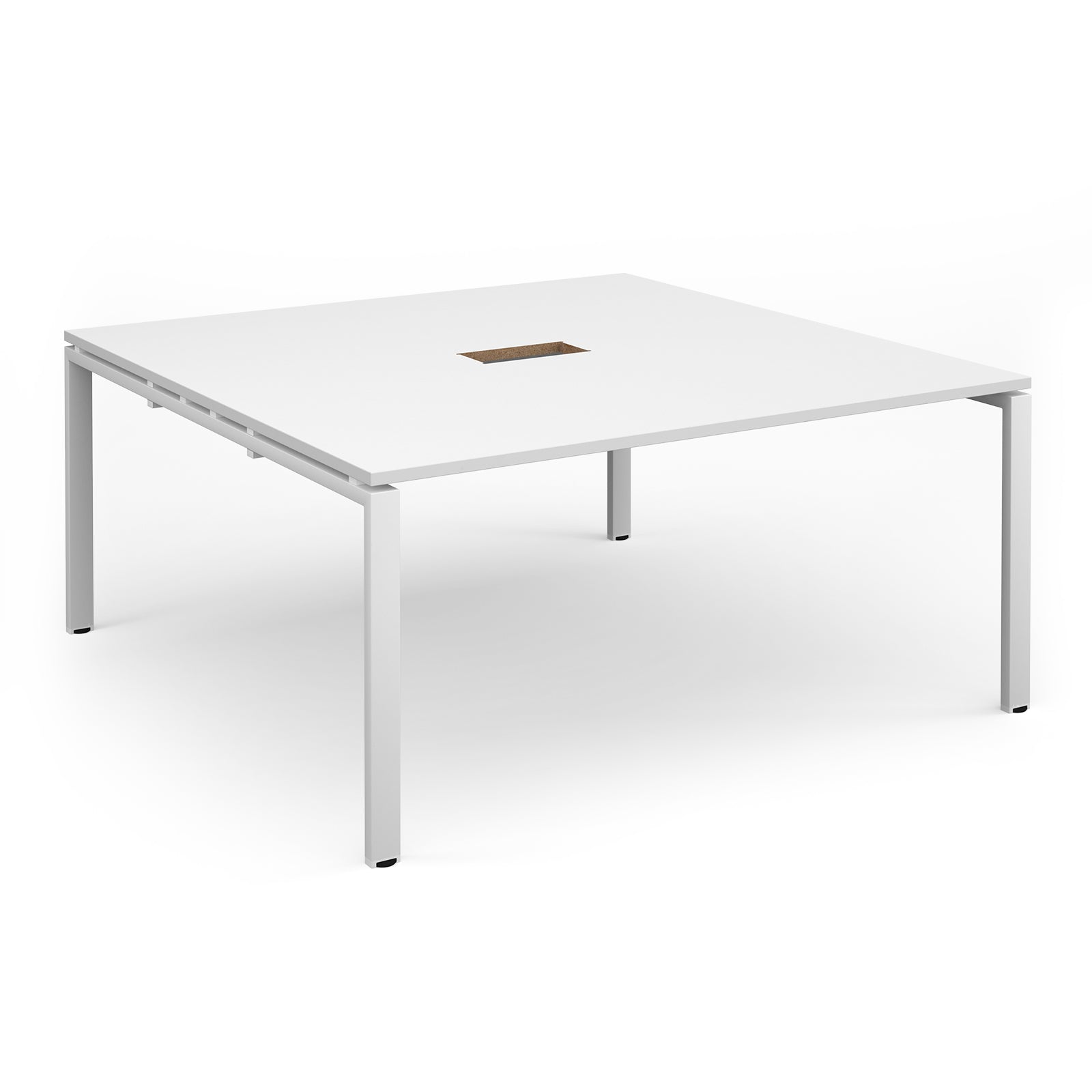 White square table with central cut-out and metal frame on a white background