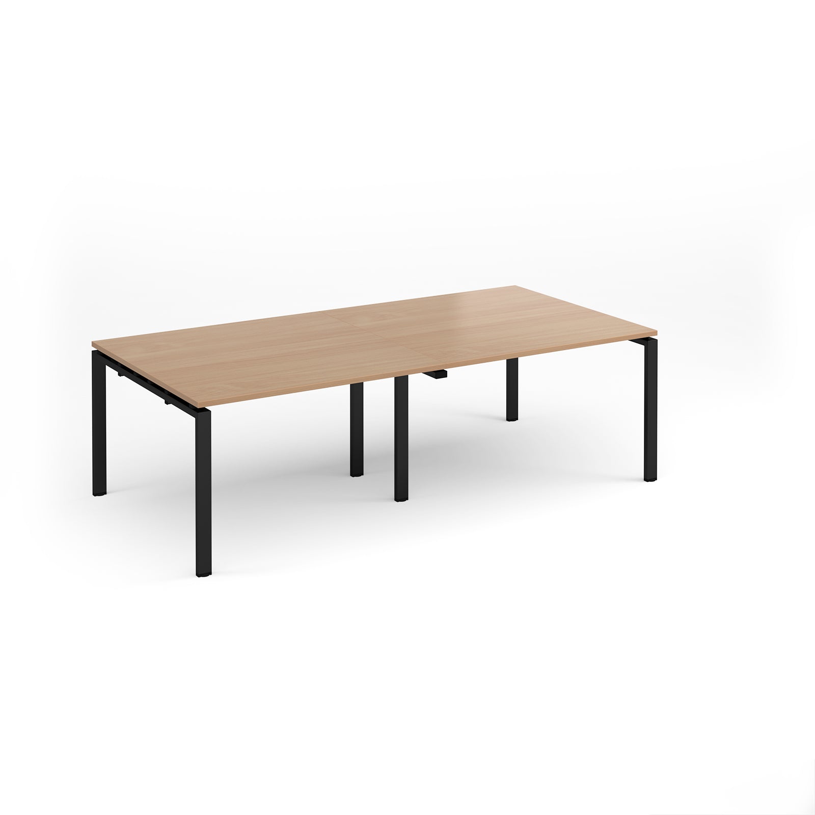 A modern rectangular table with a light beech wood grain top and black metal legs, shown on a clean white background.