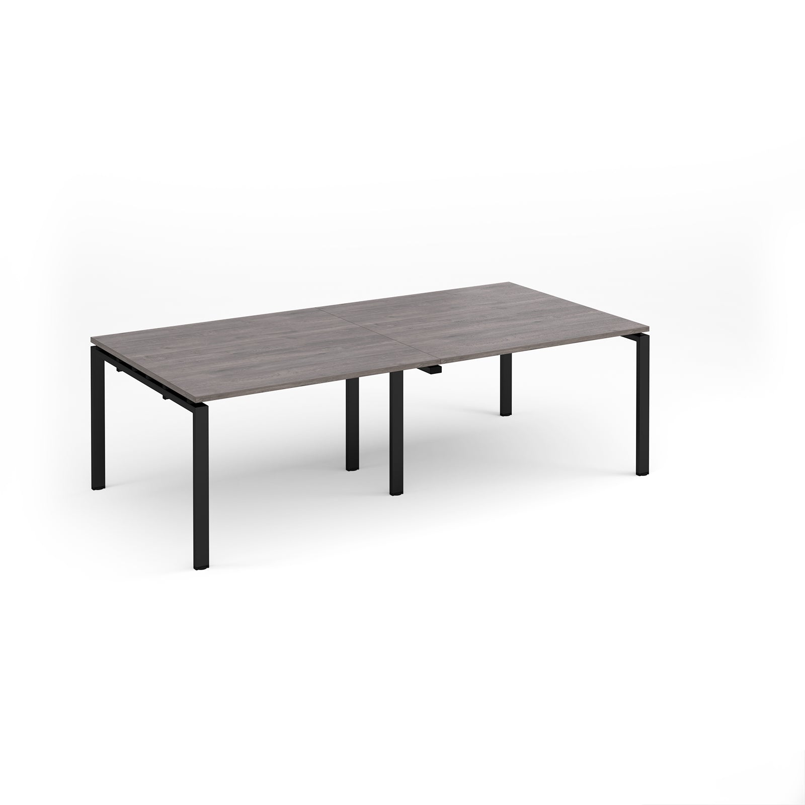A rectangular modern table with a dark grey wood-grain top and black metal legs, shown on a clean white background.