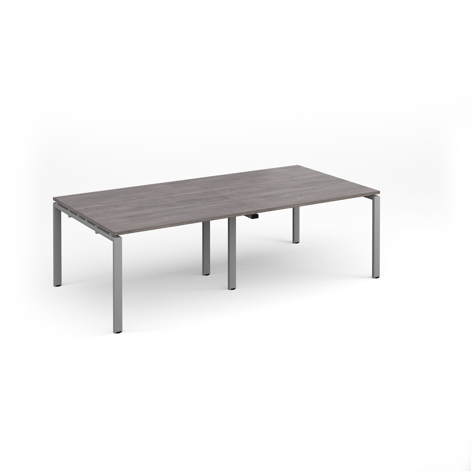 A rectangular office desk with a grey wood-grain tabletop and slim silver metal legs, shown on a clean white background.
