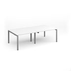 A modern rectangular meeting table with a white top and slim silver metal legs, shown on a seamless white background.