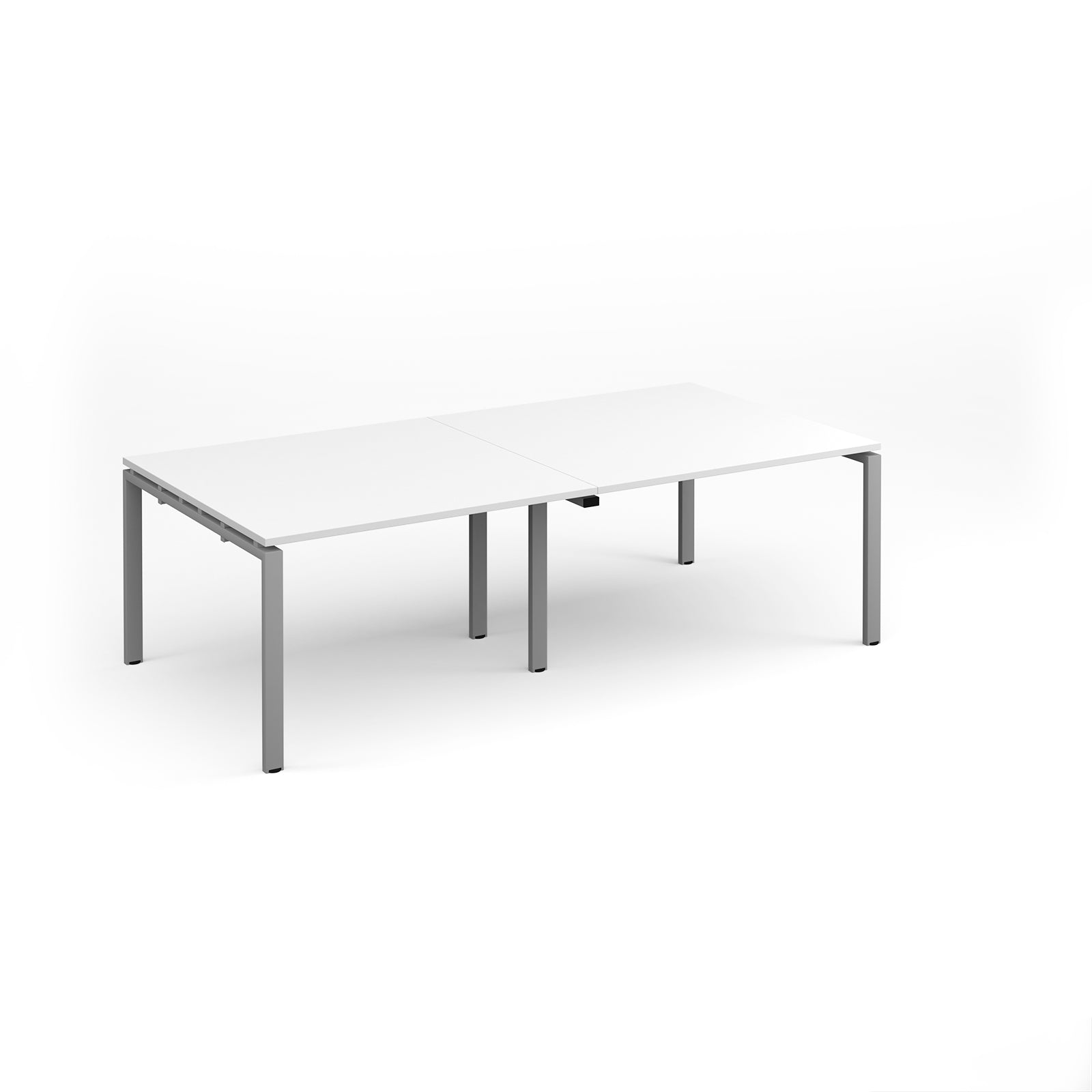 A modern rectangular meeting table with a white top and slim silver metal legs, shown on a seamless white background.