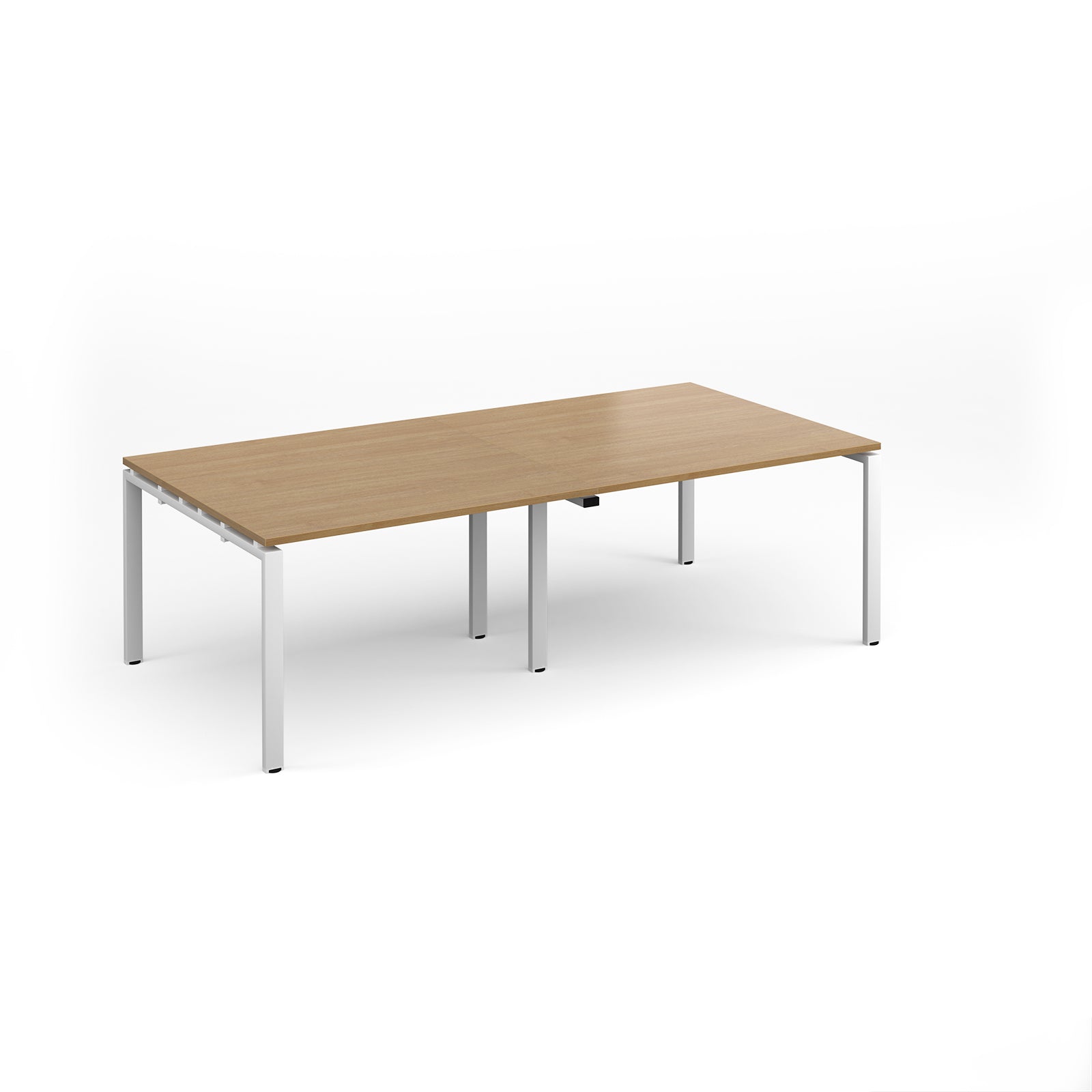 A rectangular office table with a light oak wood grain top and slim white metal legs, shown on a clean white background.