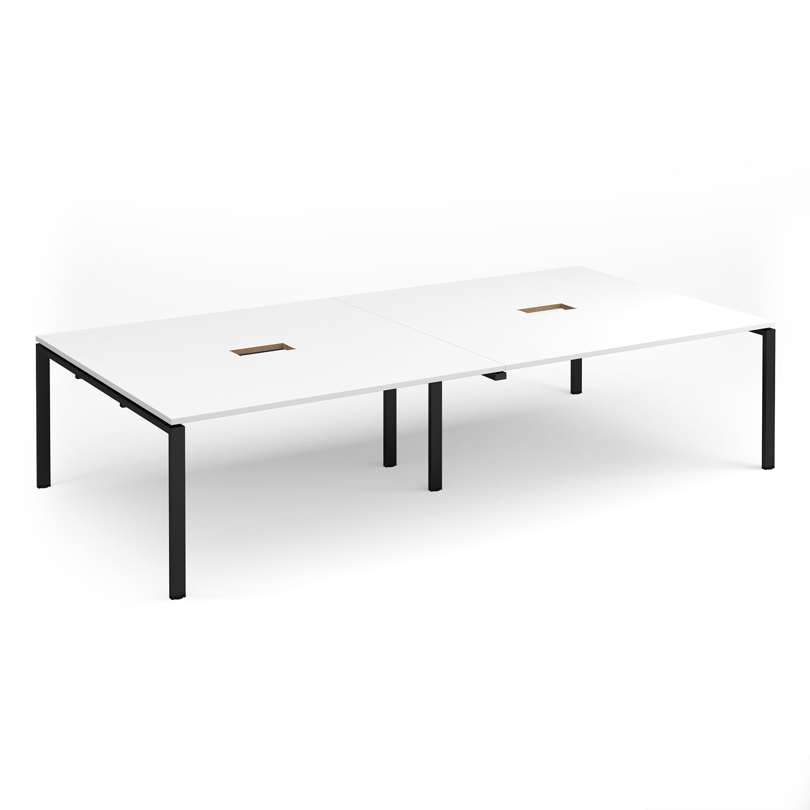 Rectangular meeting table with white top with two cut-outs and black metal frame on a white background