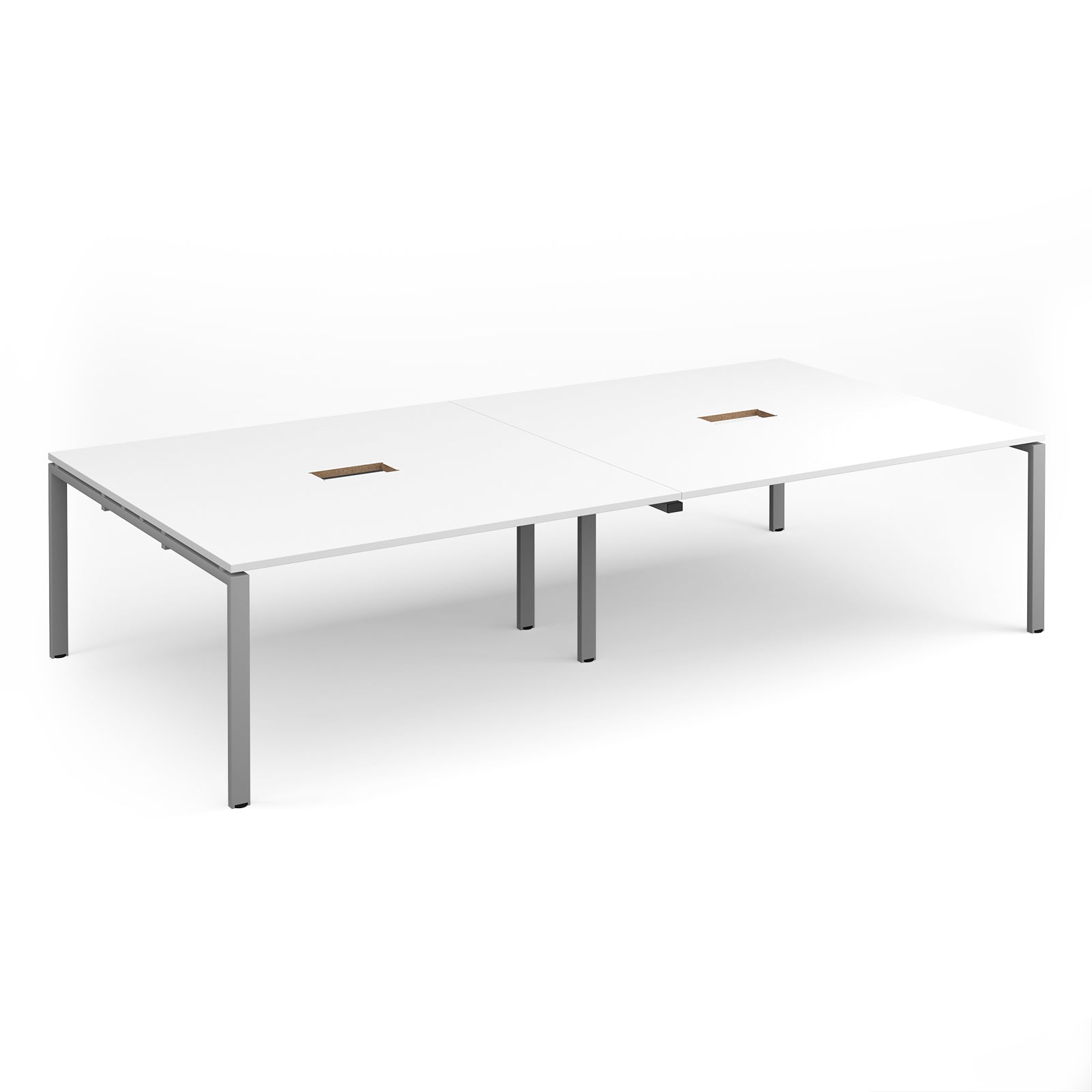 Rectangular meeting table with white top with two cut-outs and silver metal frame on a white background