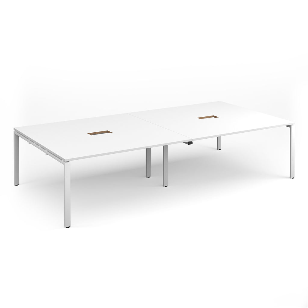 White rectangular meeting table with two cut-outs and metal frame on a white background