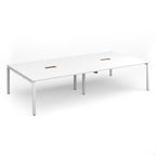 White rectangular meeting table with two cut-outs and metal frame on a white background