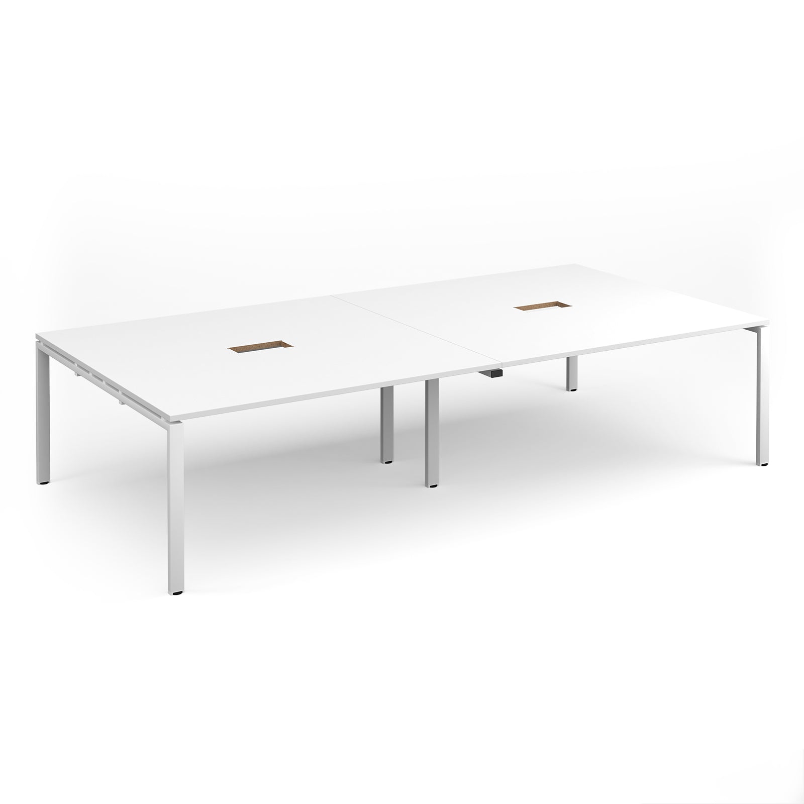 White rectangular meeting table with two cut-outs and metal frame on a white background
