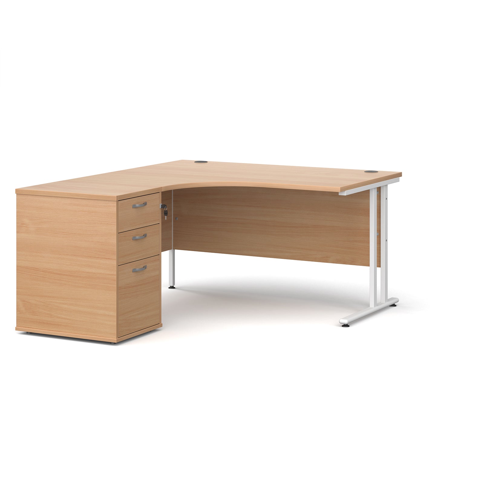 Wooden corner desk with white metal legs and matching pedestal on a white background