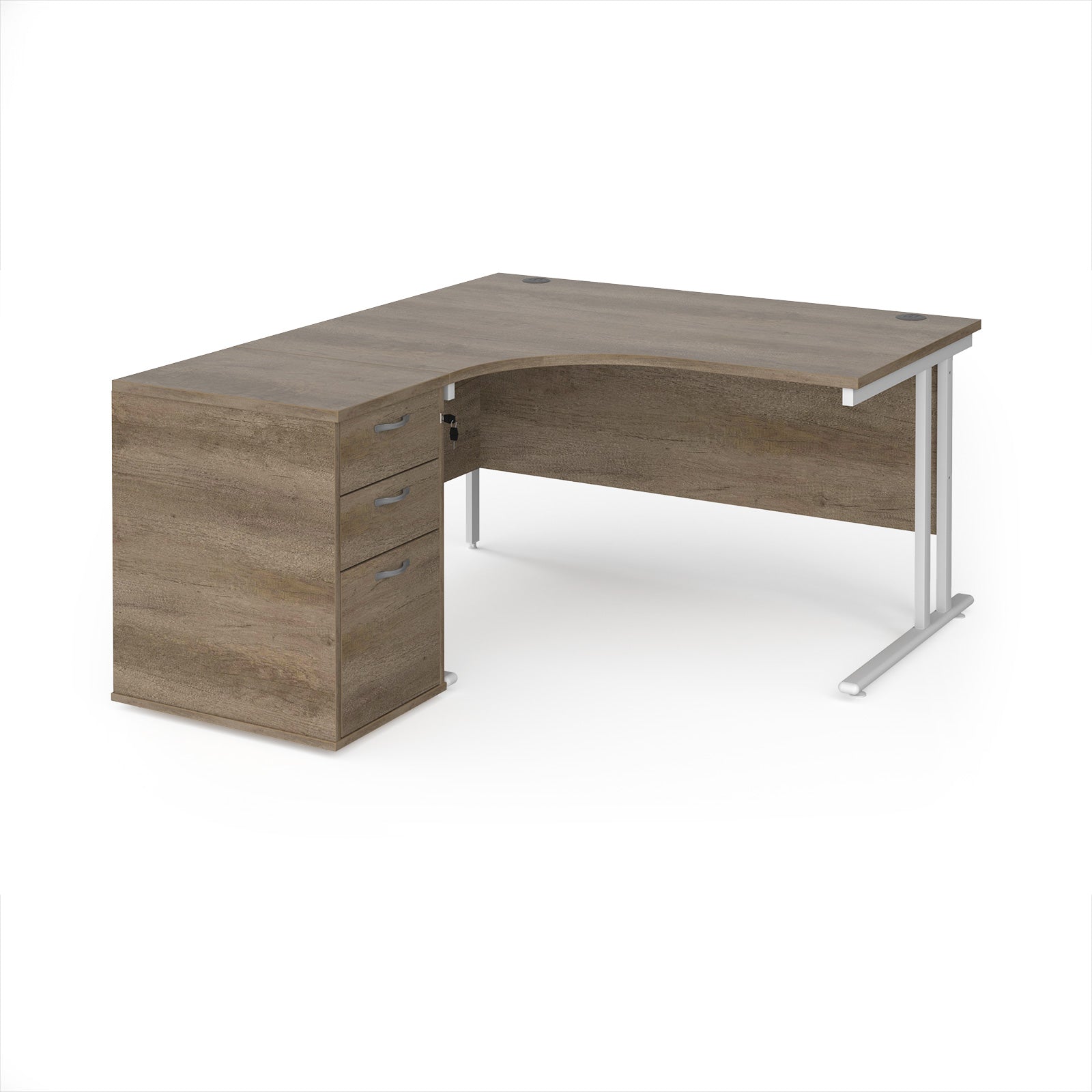 Wooden corner desk with white metal legs and matching pedestal on a white background