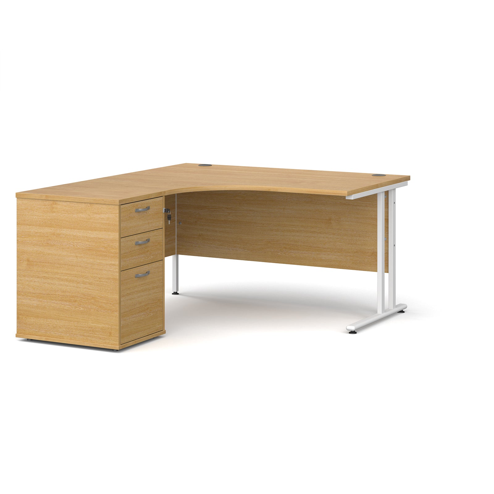 Wooden corner desk with white metal legs and matching pedestal on a white background