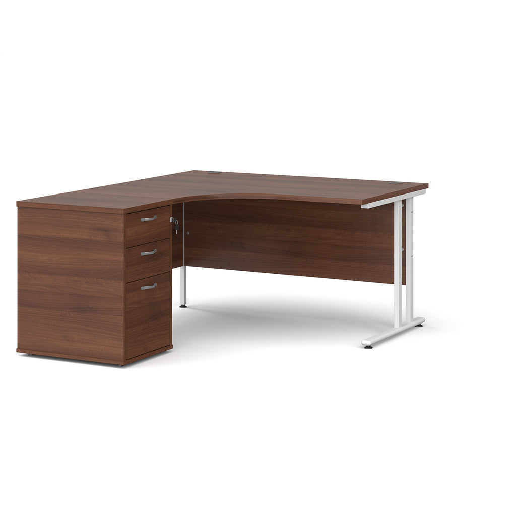 Wooden corner desk with white metal legs and matching pedestal on a white background