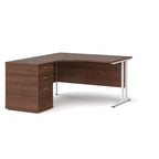 Wooden corner desk with white metal legs and matching pedestal on a white background