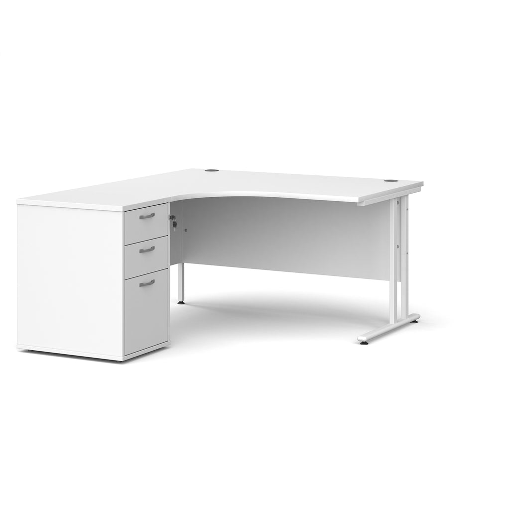 Wooden corner desk with white legs and matching pedestal on a white background