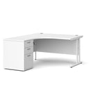 Wooden corner desk with white legs and matching pedestal on a white background