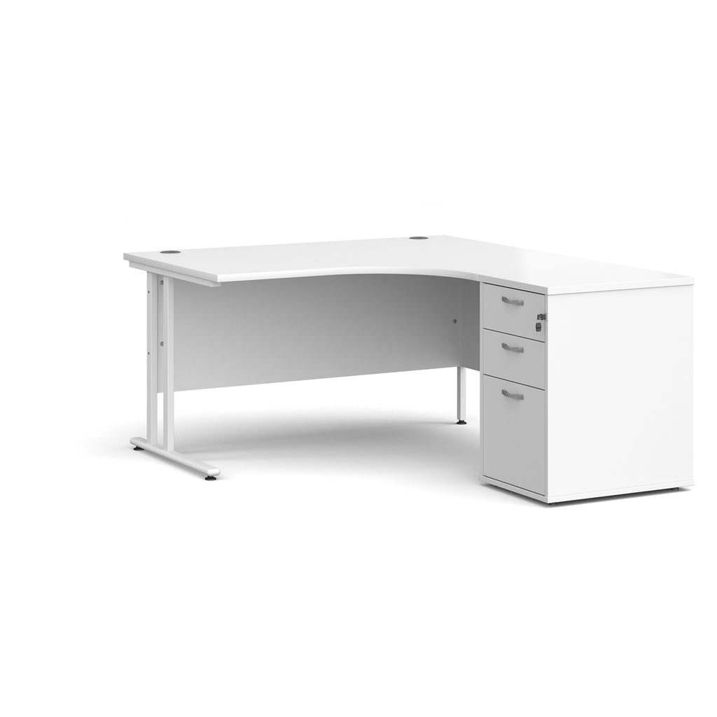 Wooden corner desk with metal legs and matching pedestal on a white background