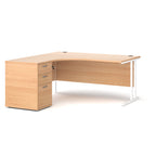 Wooden corner desk with white legs and matching pedestal on a white background