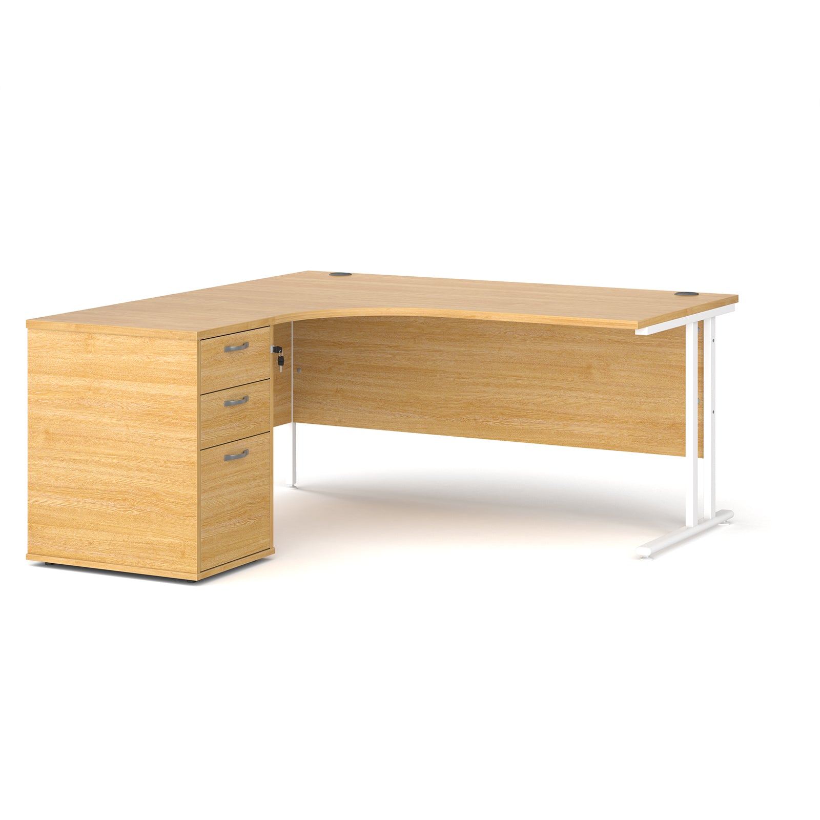 Wooden corner desk with metal legs and matching pedestal on a white background
