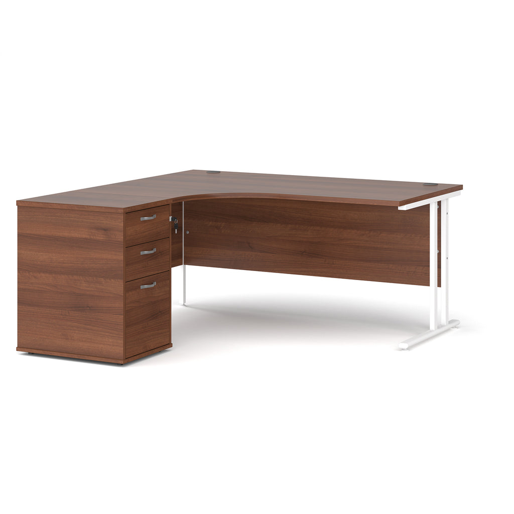 Wooden corner desk with metal legs and matching pedestal on a white background