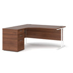 Wooden corner desk with metal legs and matching pedestal on a white background