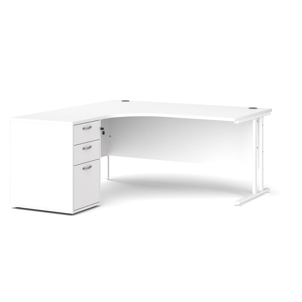 Wooden corner desk with metal legs and matching pedestal on a white background