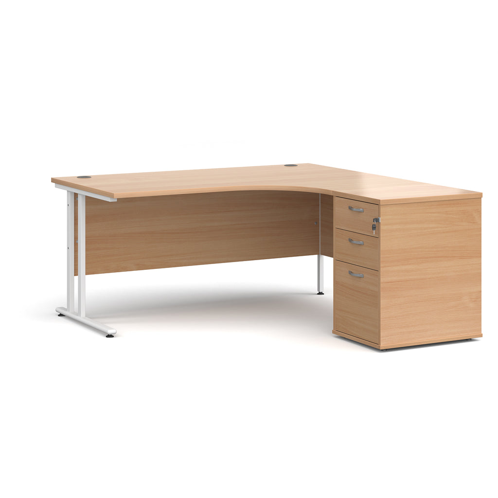 Wooden corner desk with metal legs and matching pedestal on a white background