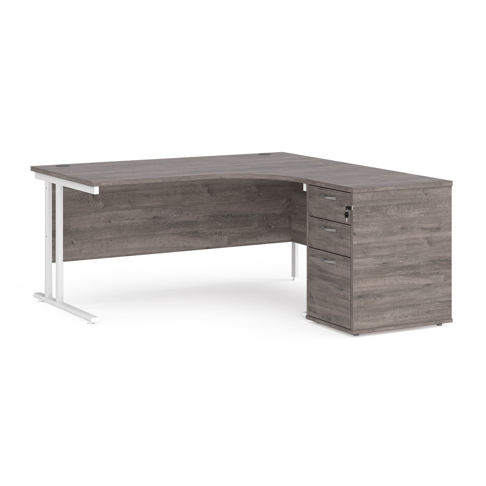 Wooden corner desk with metal legs and matching pedestal on a white background