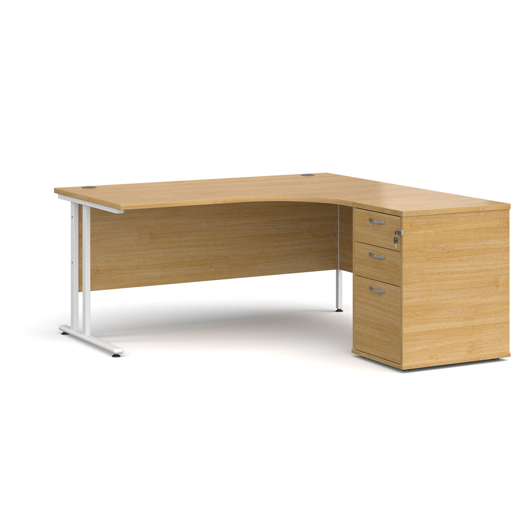Wooden corner desk with metal legs and matching pedestal on a white background