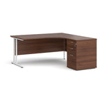 Wooden corner desk with metal legs and matching pedestal on a white background