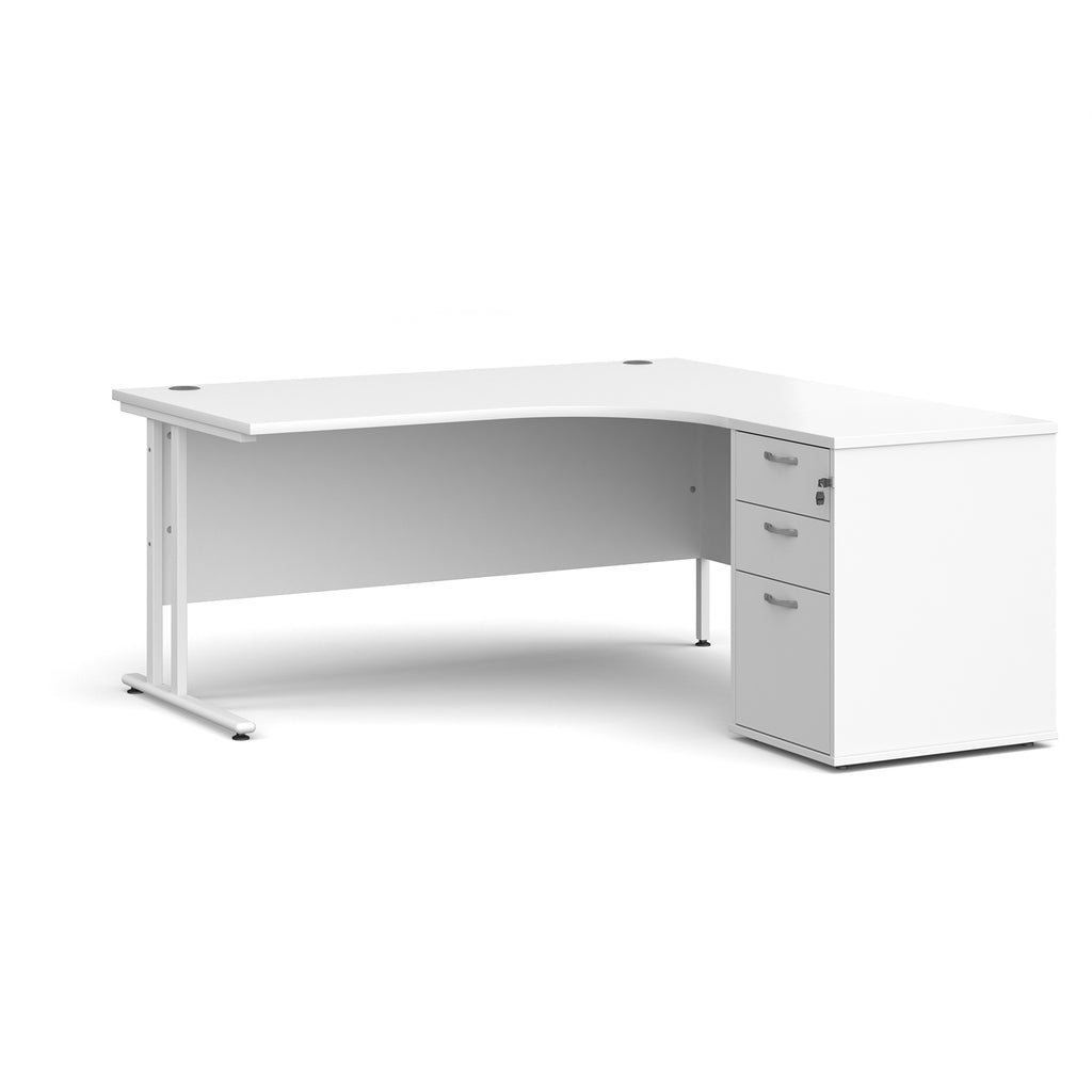 Wooden corner desk with metal legs and matching pedestal on a white background