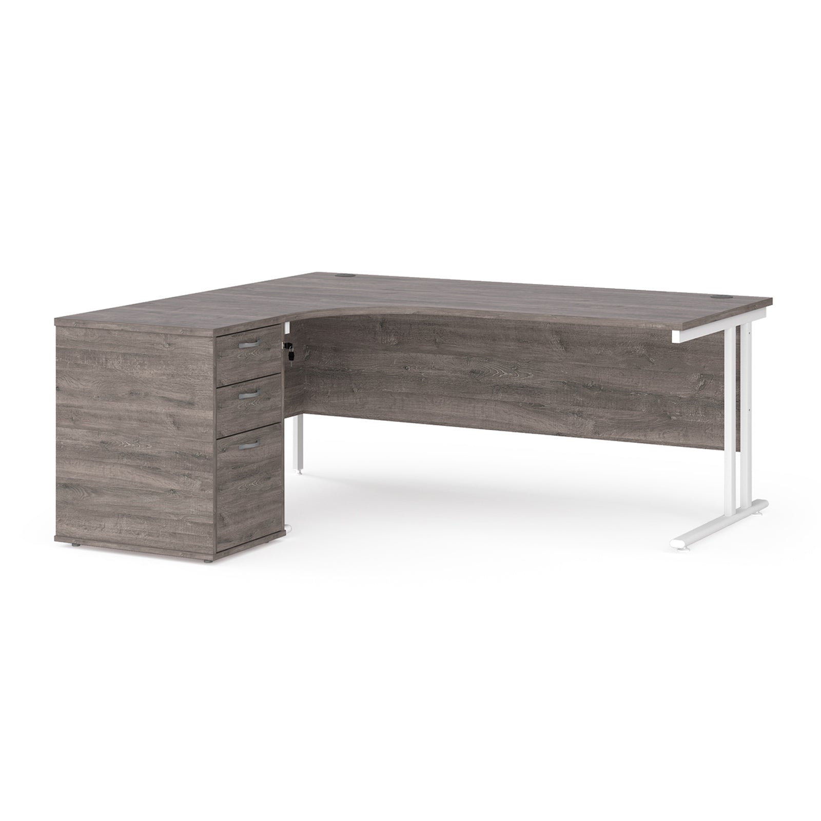Wooden corner desk with metal legs and matching pedestal on a white background