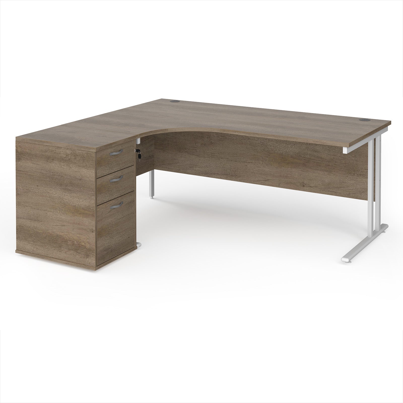 Wooden corner desk with metal legs and matching pedestal on a white background