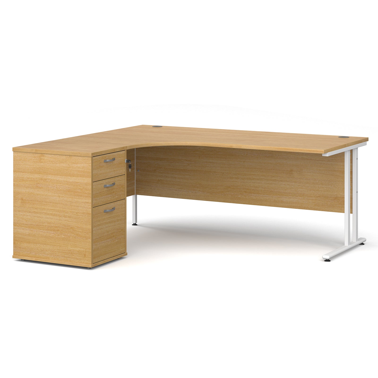 Wooden corner desk with metal legs and matching pedestal on a white background