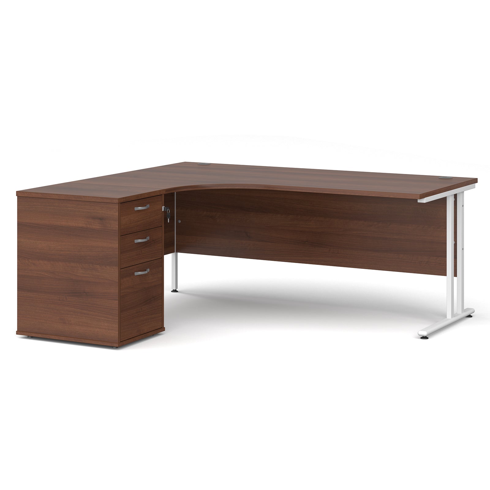 Wooden corner desk with metal legs and matching pedestal on a white background