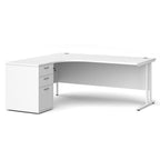 Wooden corner desk with metal legs and matching pedestal on a white background