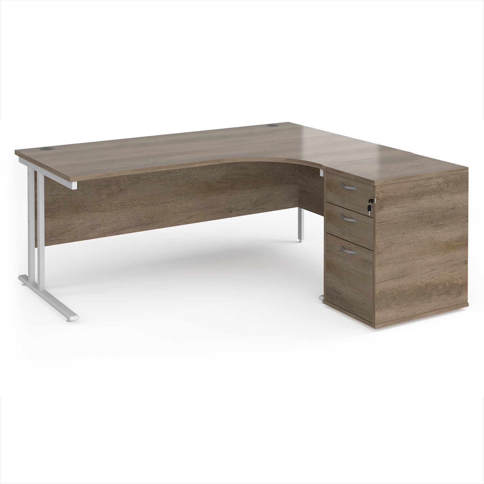 Wooden corner desk with metal legs and matching pedestal on a white background