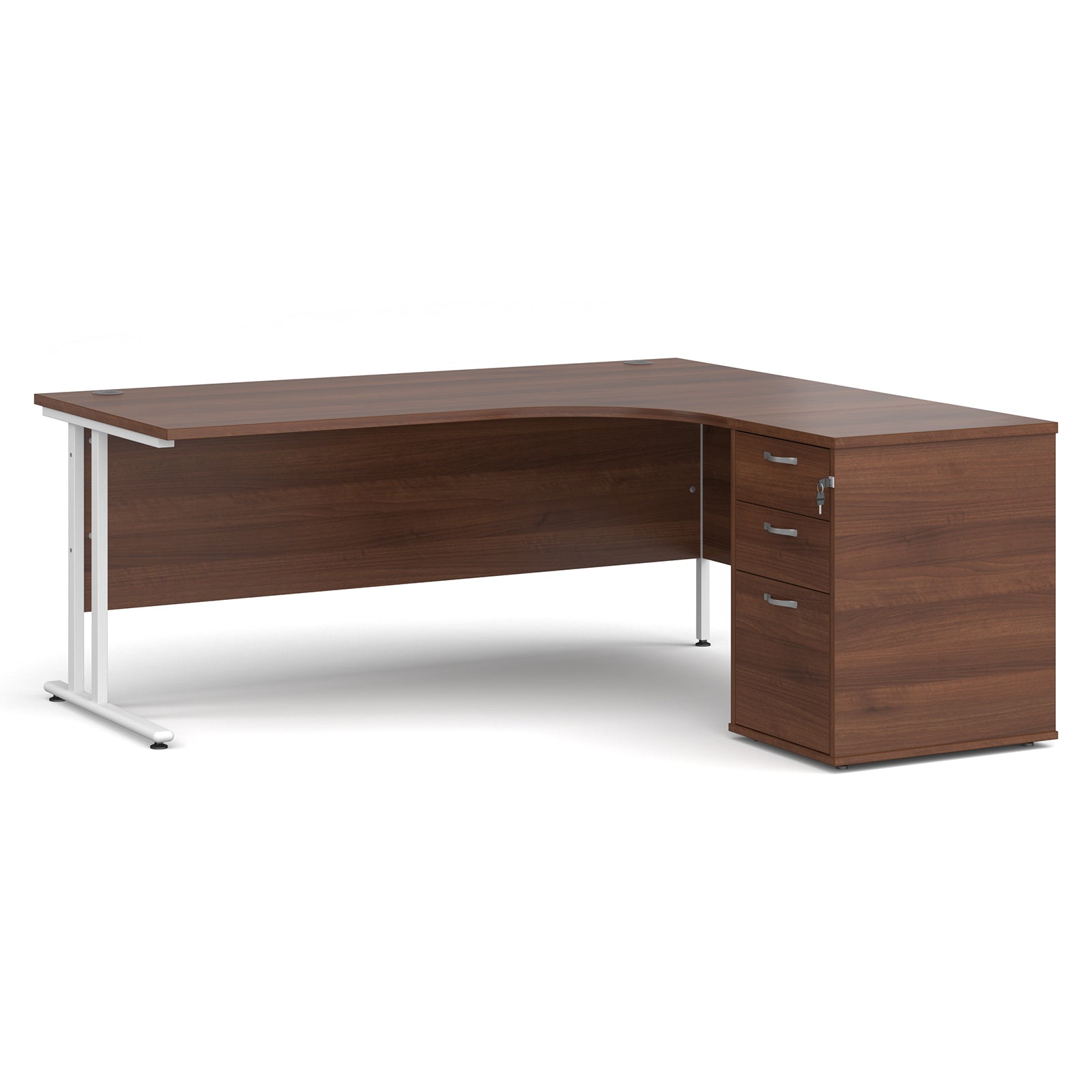 Wooden corner desk with metal legs and matching pedestal on a white background