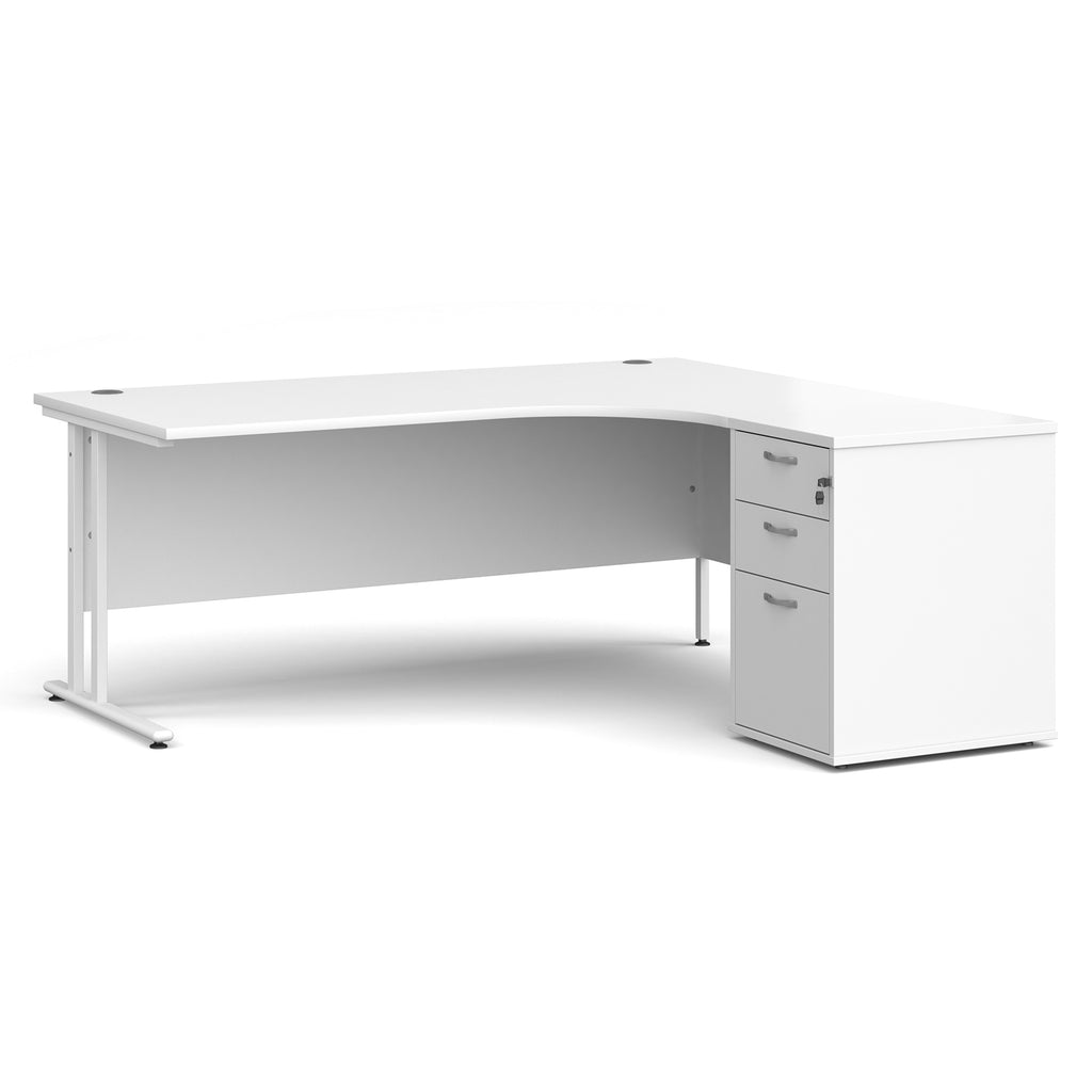 Wooden corner desk with metal legs and matching pedestal on a white background