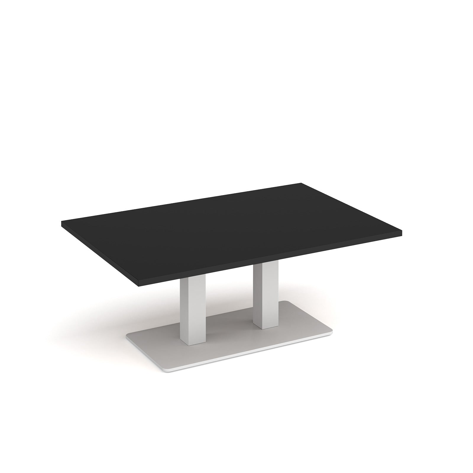 A rectangular coffee table with a black top and a white metal pedestal base, shown on a clean white background.