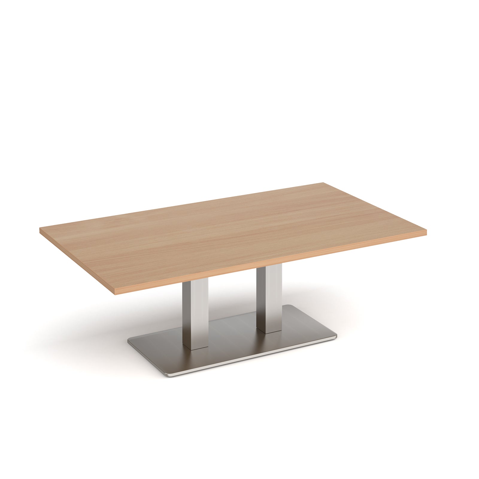 A rectangular coffee table with a beech wood-grain top and a brushed steel metal pedestal base, shown on a clean white background.