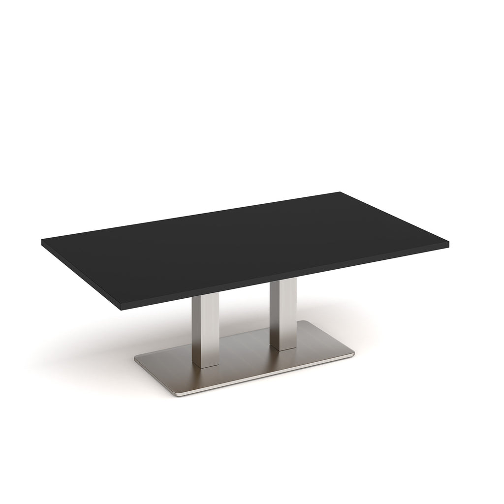 A rectangular coffee table with a black top and a brushed steel metal pedestal base, shown on a clean white background.