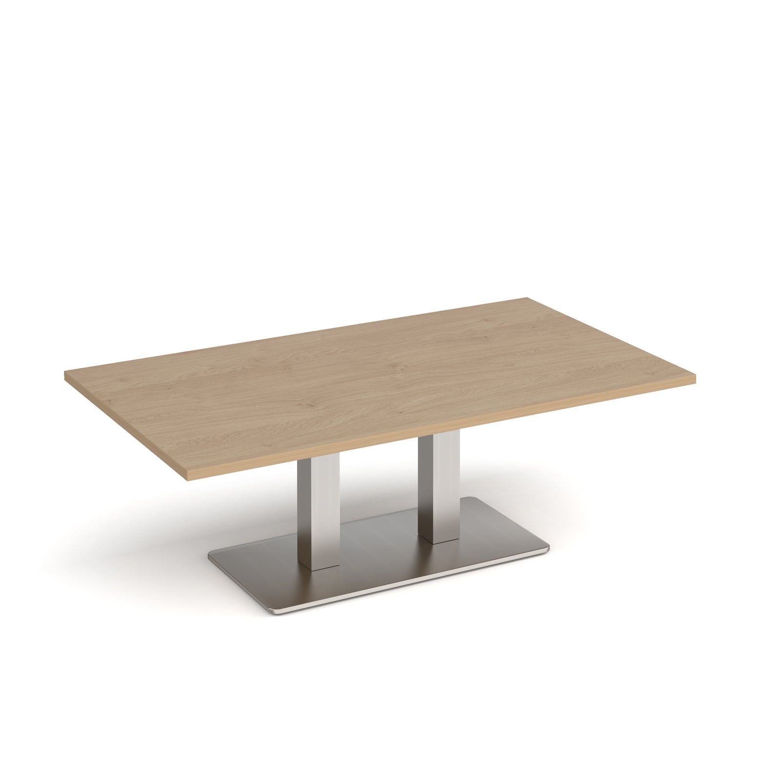 A rectangular coffee table with a light oak wood-grain top and a brushed steel metal pedestal base, shown on a clean white background.