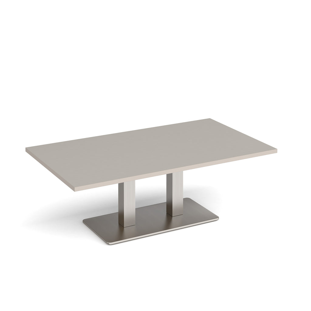 A rectangular coffee table with a light grey top and a brushed steel metal pedestal base, shown on a clean white background.