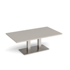 A rectangular coffee table with a light grey top and a brushed steel metal pedestal base, shown on a clean white background.