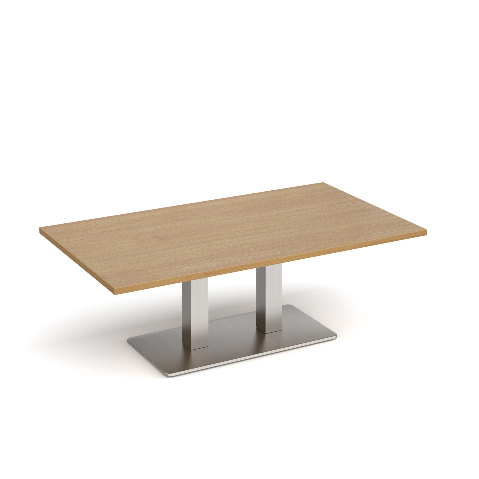 A rectangular coffee table with a light oak wood-grain top and a brushed steel metal pedestal base, shown on a clean white background.