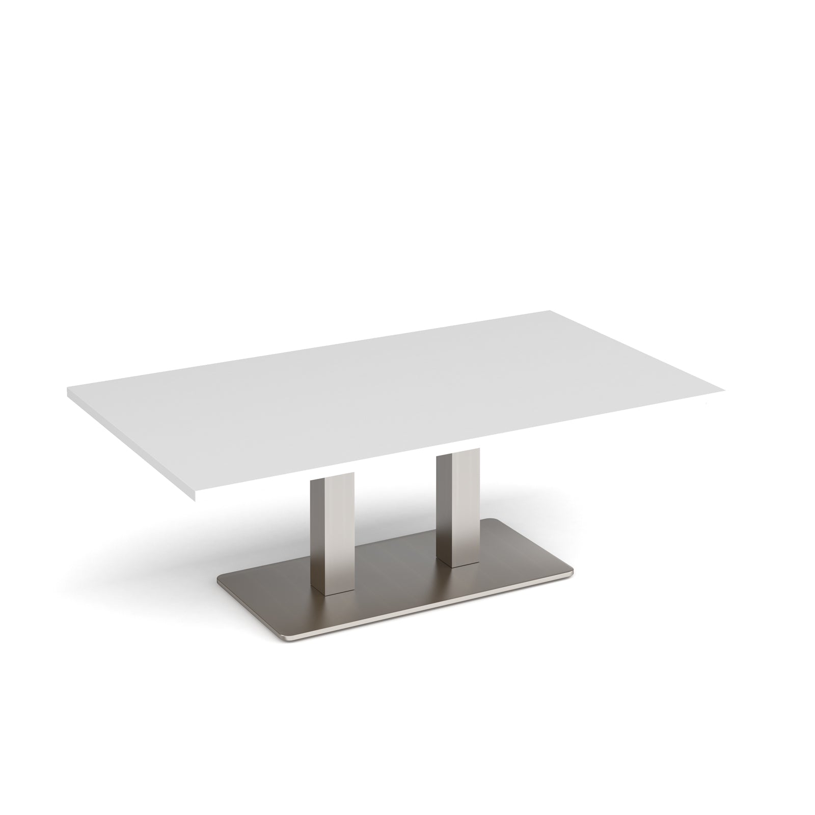 A rectangular coffee table with a white top and a brushed steel metal pedestal base, shown on a clean white background.
