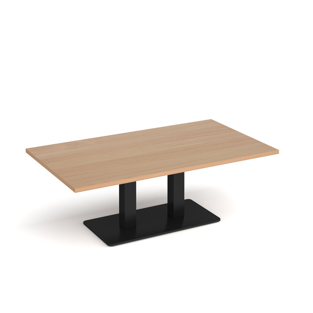 A rectangular coffee table with a beech wood-grain top and a black metal pedestal base, shown on a clean white background.