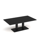 A modern rectangular black coffee table with a minimalist dual pedestal base, shown on a clean white background.