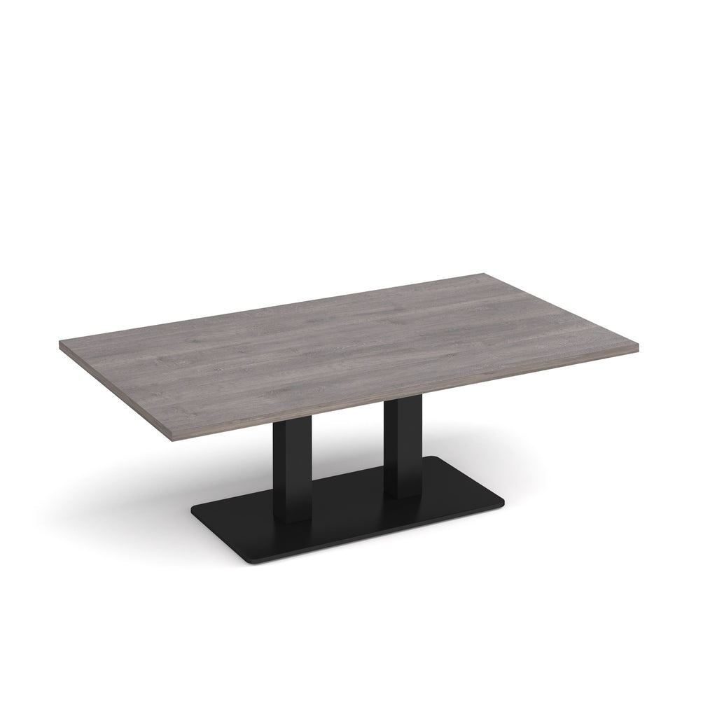 A rectangular coffee table with a grey wood-grain top and a black metal pedestal base, shown on a clean white background.